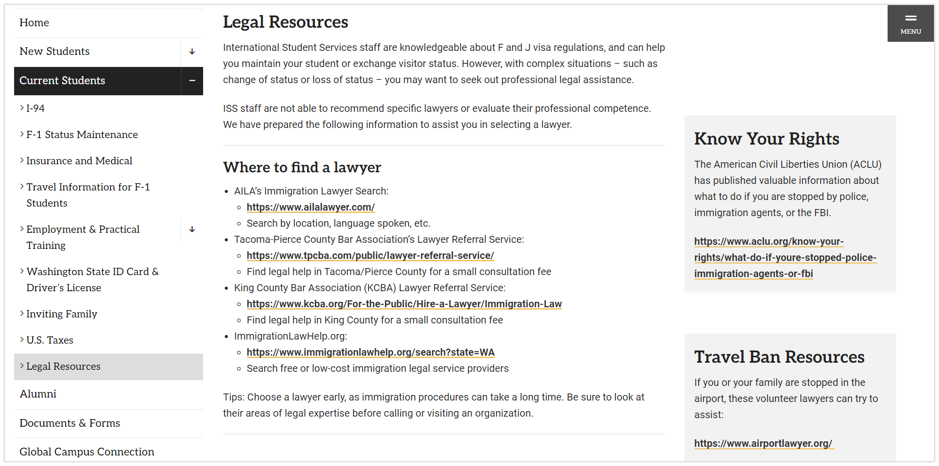 Pagina delle risorse giuridiche della Pacific Lutheran University
